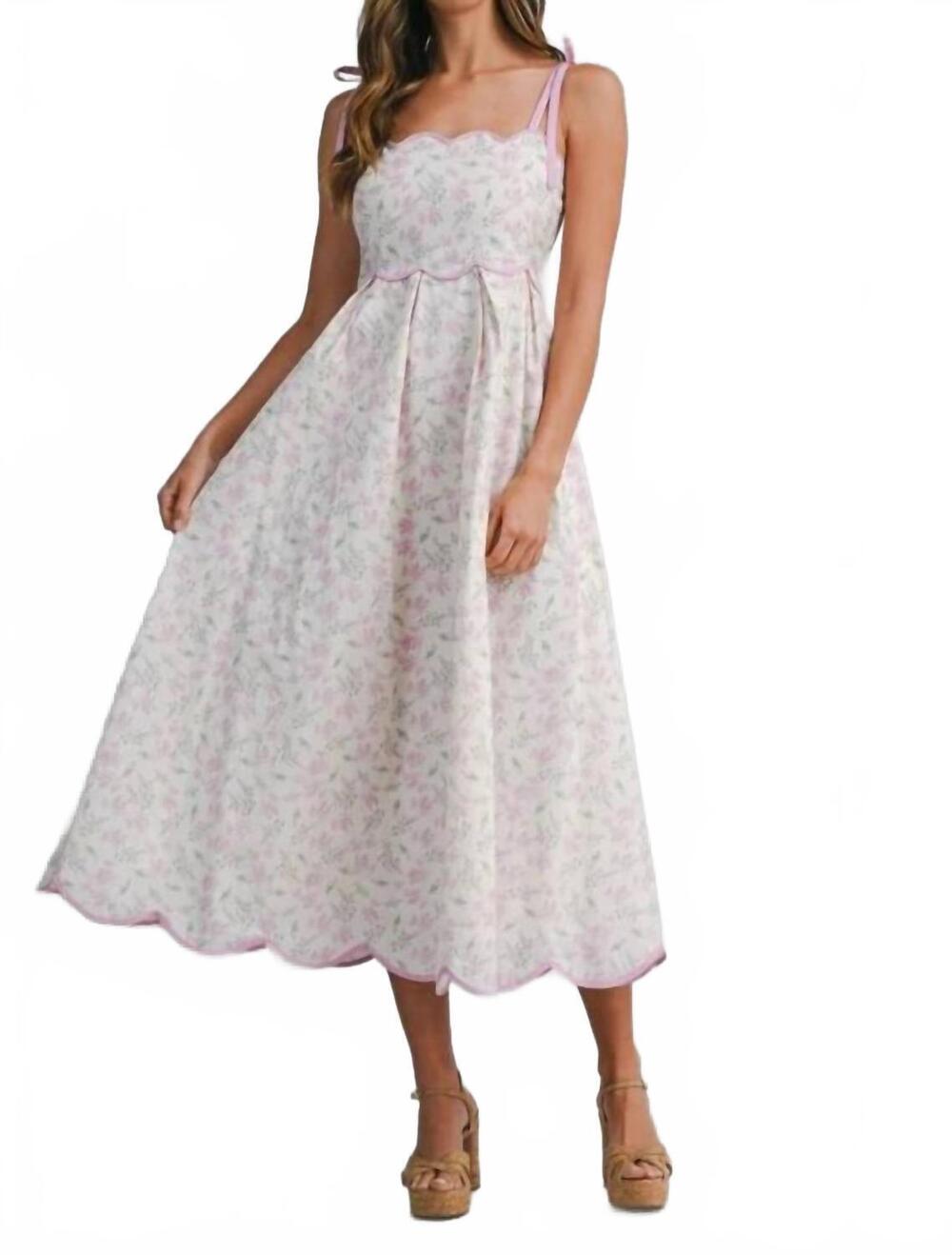 NEW MABLE floral print scallop hem contrast self tie strap midi dress in pink